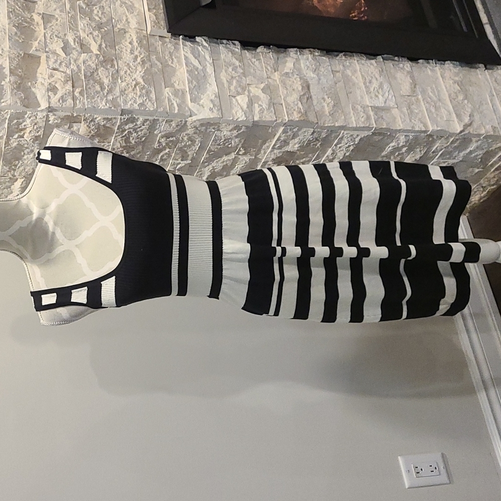 Trina Turk black and white striped sleeveless knit dress